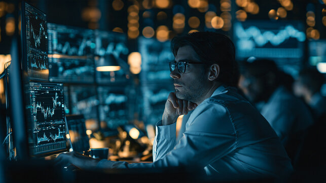 Market trading floor with currency symbols and traders analyzing data
