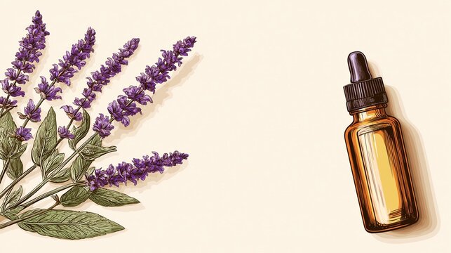 Background featuring Clary Sage essential oil and botanical illustrations