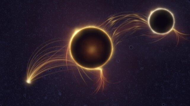 Glowing orbs multiplying and linking with golden fiery filaments into an abstract network on dark space