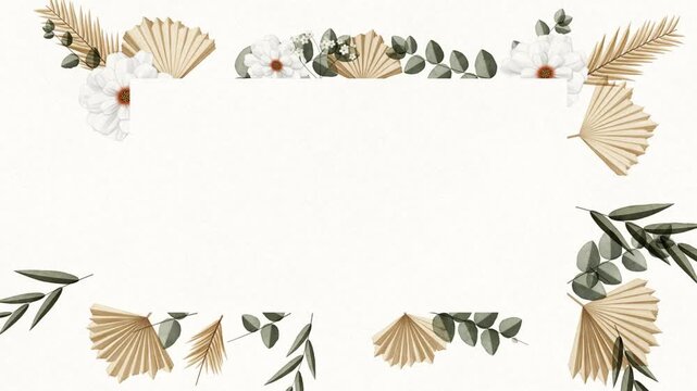 Boho floral frame assembling from dried palm leaves and white flowers around a center copy space