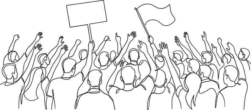 Line drawing of a crowd of people holding a sign and a flag during a protest.