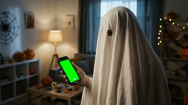 humorous indoor costume portraitindividual dressed in white ghostly sheet holding mobile device featuring chroma key display under eerie moody illumination halloween ghost costume smartphone