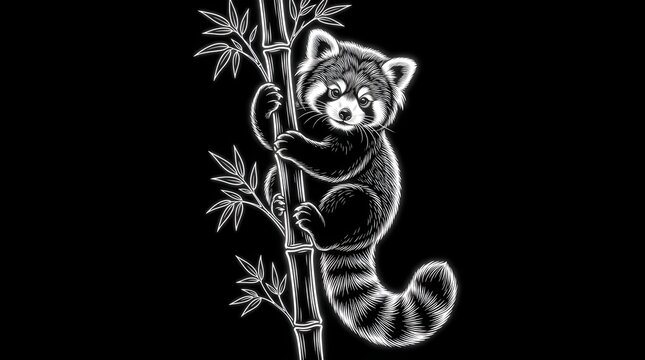 Cute red panda cub climbing bamboo stick