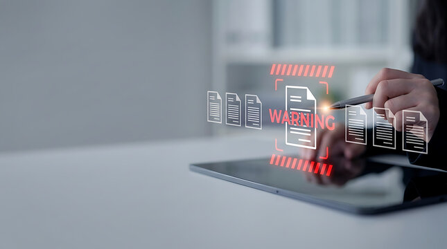 Concept of digital document management and data security showing a hand using a stylus on a tablet with multiple file icons and a red warning notification for risk assessment or system error.