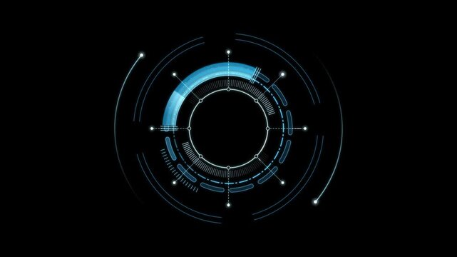 Blue HUD circle building from a glowing dot, rotating, then collapsing back to black