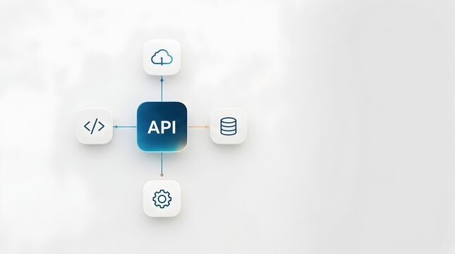 Abstract 3D API Integration Icon Concept Featuring Cloud Computing, Database Storage, Software Development Code, and Process Automation Symbols on a Clean White Background for Technology Systems