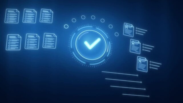 Glowing checkmark HUD for document verification as checklists and certificates get ticked one by one