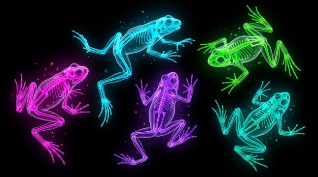 Colorful Glowing Neon Frog Skeletons and X-ray Art