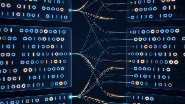 Blue binary code panels linked by glowing fibers in a data transfer that turns green on completion