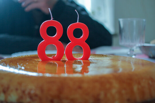 Red Number 88 Birthday Candles on Caramel Flan Dessert