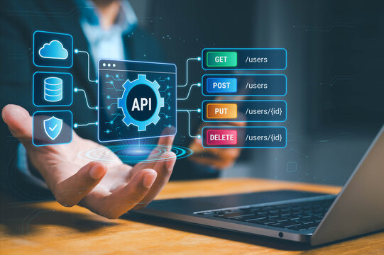 Application programming interface API concept with REST endpoints for GET, POST, PUT, and DELETE requests, connecting cloud storage, databases, and cybersecurity services in software development.
