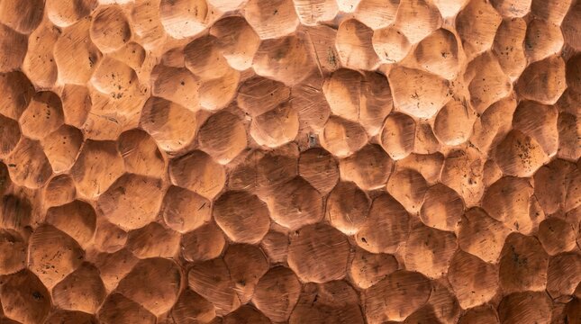Full frame macro texture of hand hammered copper metal sheet with warm reflections