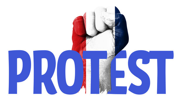 Protest in France concept with typography and human fist painted with flag color, transparent backdrop