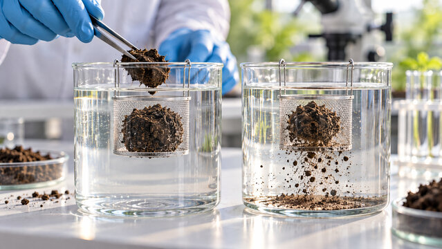 Scientist performing soil aggregate stability test in laboratory with