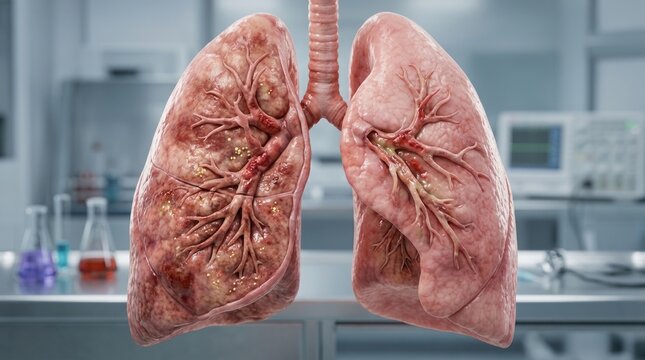 Detailed human lung model on a medical laboratory desk.