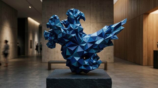 Abstract blue geometric bird sculpture in modern art gallery.