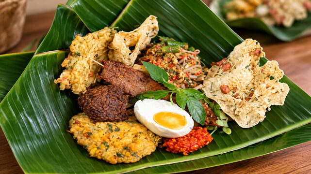 Traditional Indonesian mixed rice pecel served on banana leaf with salted egg, peanut brittle, corn fritters, spicy sambal and skewers. Authentic spicy Javanese culinary cuisine concept.