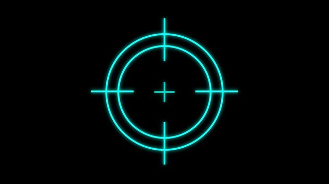 target icon animation representing aiming, precision, targeting, military training, tactical planning, accuracy, and focus. Futuristic illuminated line design on a dark background, suitable for