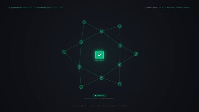 Network nodes validating block with expanding wave lighting nodes green for consensus confirmation