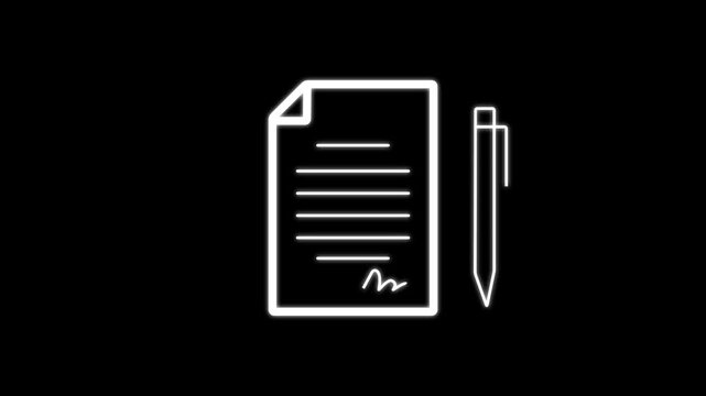 Modern line icon animation representing a new agreement, contract signing, business partnership, legal documentation, and mutual consent. Clean animated design on a blue background,