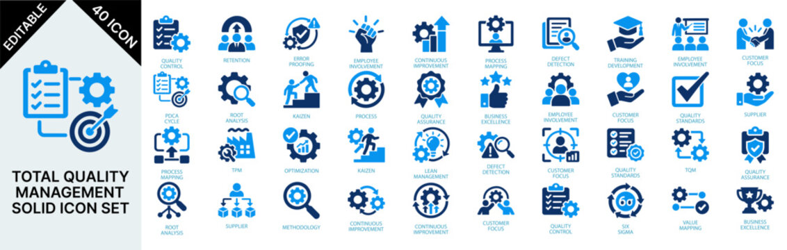 Total Quality Management icon Set featuring business process optimization, strategic planning, performance analysis, operational efficiency, continuous improvement, and corporate excellence standards