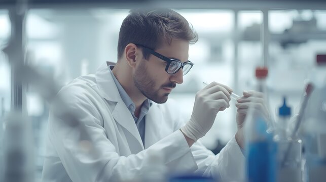 Man is conducting experiments wearing a scientist's lab coat against a laboratory background. Generative AI