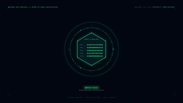Neon hexagon block with scrolling placeholder characters locking in to form seal on black background