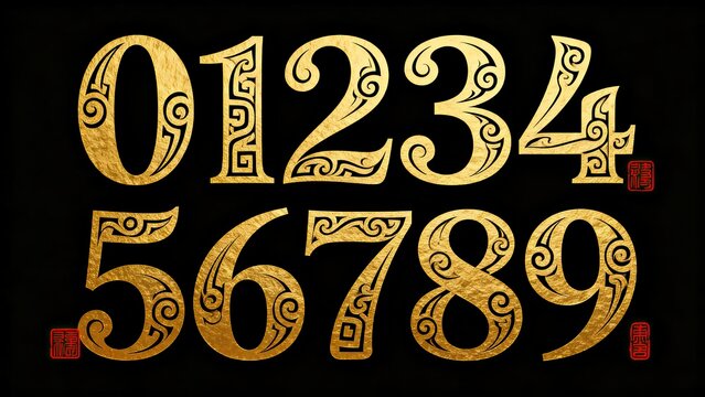 Golden Chinese Style Numbers Set 0-9 with Traditional Floral Patterns on Black Background for New Year and Festive Design