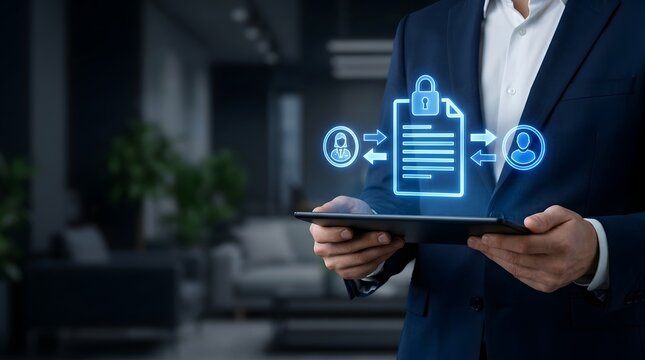 Professional Businessman Holding a Tablet with a Digital Holographic Interface Showing a Locked Document and User Icons Representing Secure Data Exchange Privacy Compliance and Cyber Security
