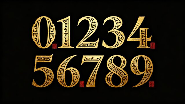 Golden Chinese Style Numbers Set 0-9 with Traditional Floral Patterns on Black Background for New Year and Festive Design