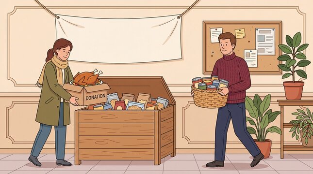 Man and woman volunteering together at a local food pantry preparing donation boxes for community food drive.