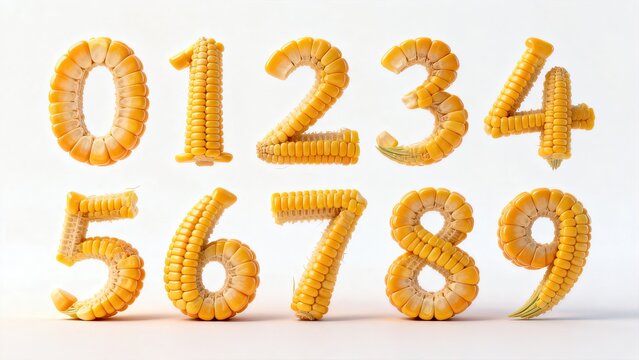 Creative Corn Cob Numbers Set 0-9 on White Background for Agriculture Harvest Festival and Food Typography Design