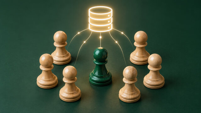 A central green chess pawn is surrounded by six wooden pawns, linked to a glowing database icon above, symbolizing connectivity or data distribution on a green background