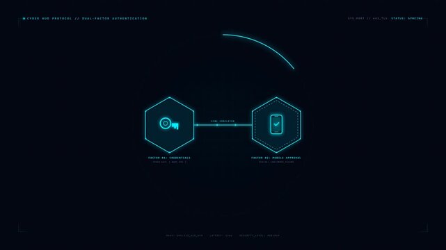 Neon HUD two hexagon frames with key and phone icons linked by line and authenticated ring