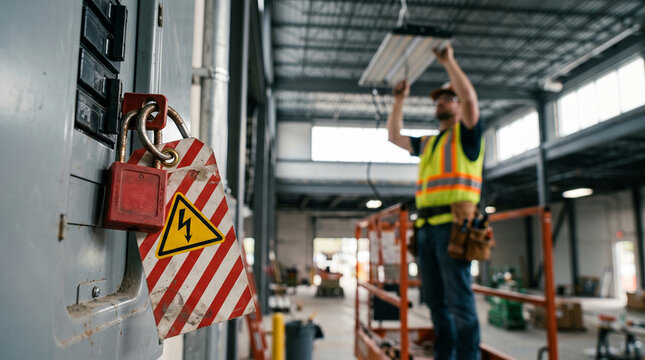 Electrician wearing high visibility vest installing industrial lighting fixture while lockout tagout padlock secures electrical panel in large warehouse facility 