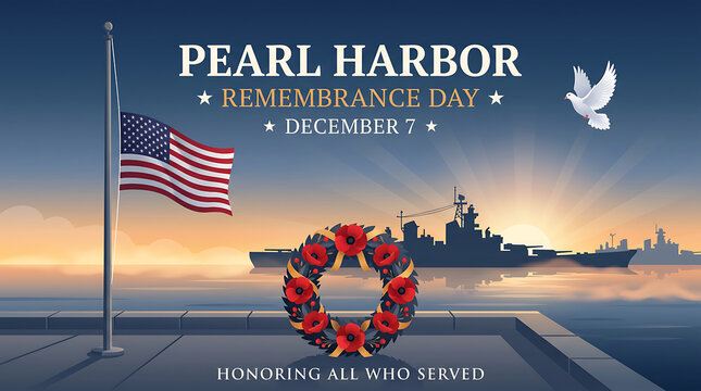 Remembrance Day Pearl Harbor with American flag and dove on sunset