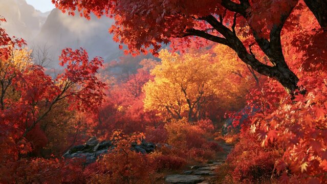Landscape - Vibrant autumn forest with red maple trees and a stone path