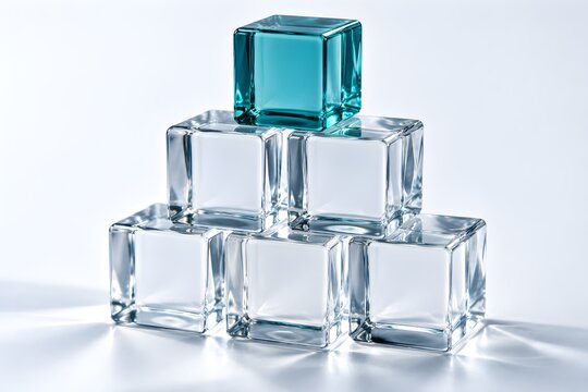 Pyramid of Clear Glass Cubes With One Teal Cube at the Top
