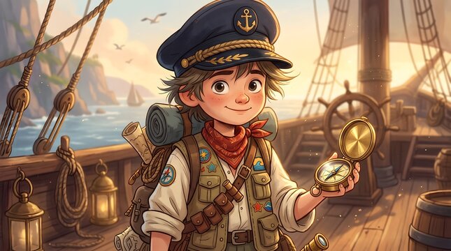 Detailed fantasy cartoon illustration of a young pirate captain wearing a traditional pirate hat and brown adventure clothing aboard an old wooden sailing ship, illuminated by warm golden sunlight wit