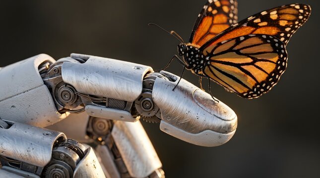 A robotic hand with intricate metallic finger joints is gently interacting with a monarch butterfly perched on its fingertip. The background is softly blurred.