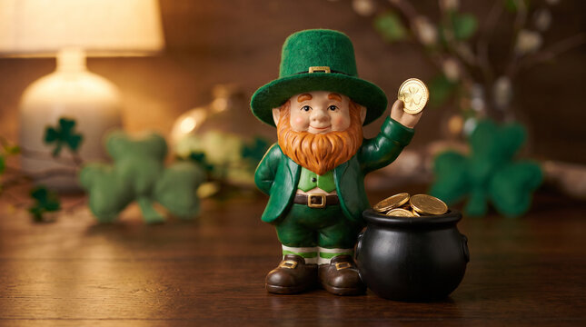 Decorative leprechaun figurine holding a gold coin beside a pot  