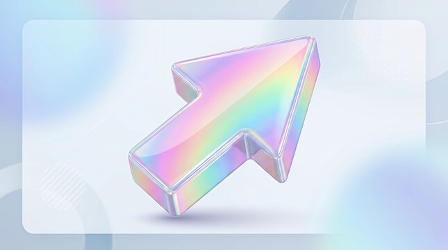 Glossy dimensional directional pointer arrow featuring iridescent pastel spectrum gradient finish ideal for web design application interface presentation infographic layout and visual pathway arrow