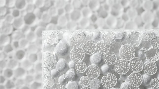 Detailed cross section macro close up visual background showing porous white expanded polystyrene poly foam beads ball bubble cell network structure pattern for thermal insulation packaging material