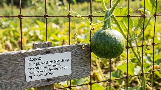 Title placeholder text string to reach exact length requirement for metadata optimization organic young green pumpkin vegetable fruit growing actively on woven garden fence wire in farm field