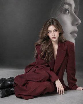 Young woman in burgundy suit sitting on floor for professional