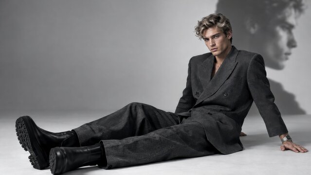Fashionable young man in grey suit sitting on floor with dramatic