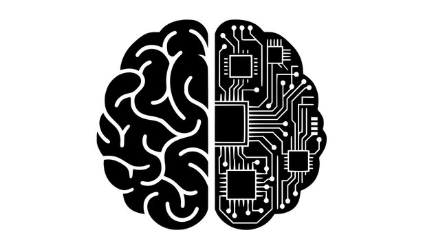 Bold flat vector icon of artificial intelligence brain with half organic human profile and half digital microchip circuit