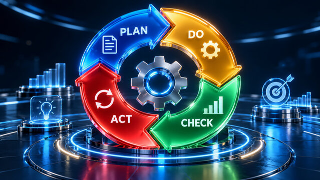 A futuristic business strategy concept illustrated through a colorful circular diagram. The diagram features arrows indicating 'Plan,' 'Do,' 'Check,' and 'Act' amidst a tech-themed background