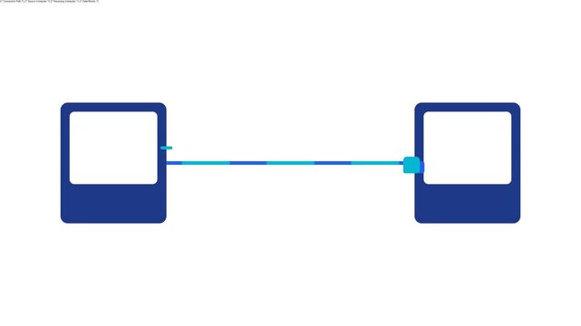 2D flat vector motion graphic illustrating a digital data transfer workflow. Three distinct data blocks travel from a source computer along a structured path into a receiving computer, where they orga
