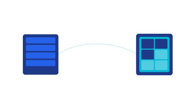 2D flat vector motion graphic illustrating a data migration workflow. Database blocks exit an old server, travel across a migration path, and snap into an organized grid on a new server, culminating i